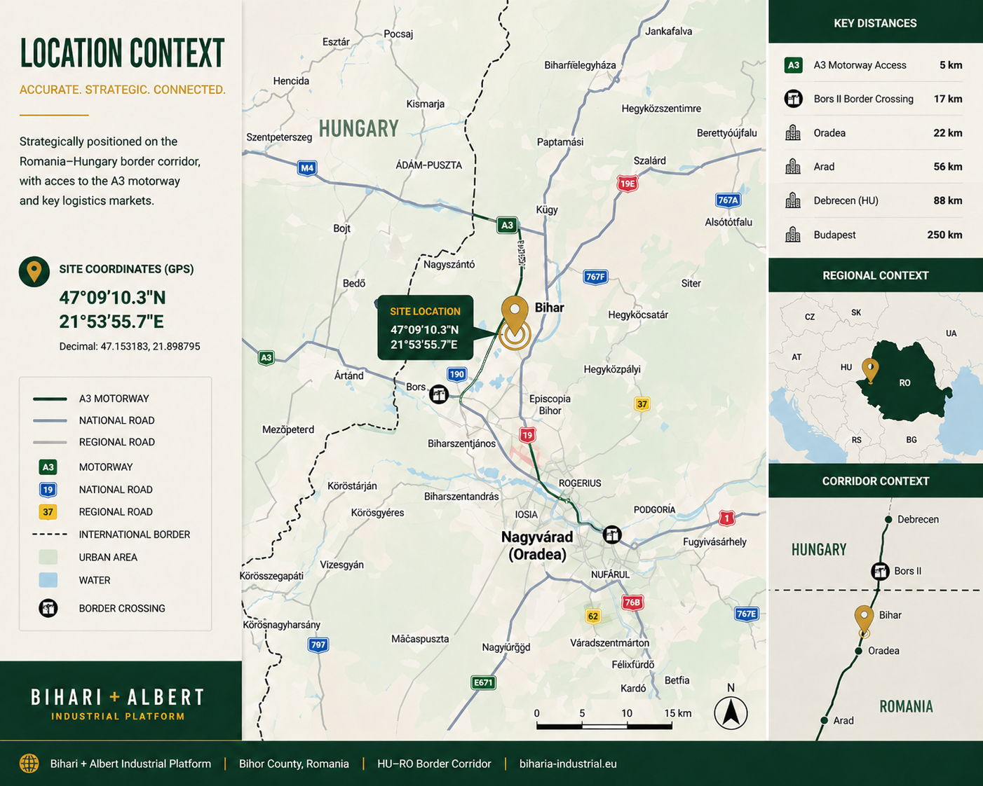 Biharia industrial site — location map showing A3 corridor and Borş II border