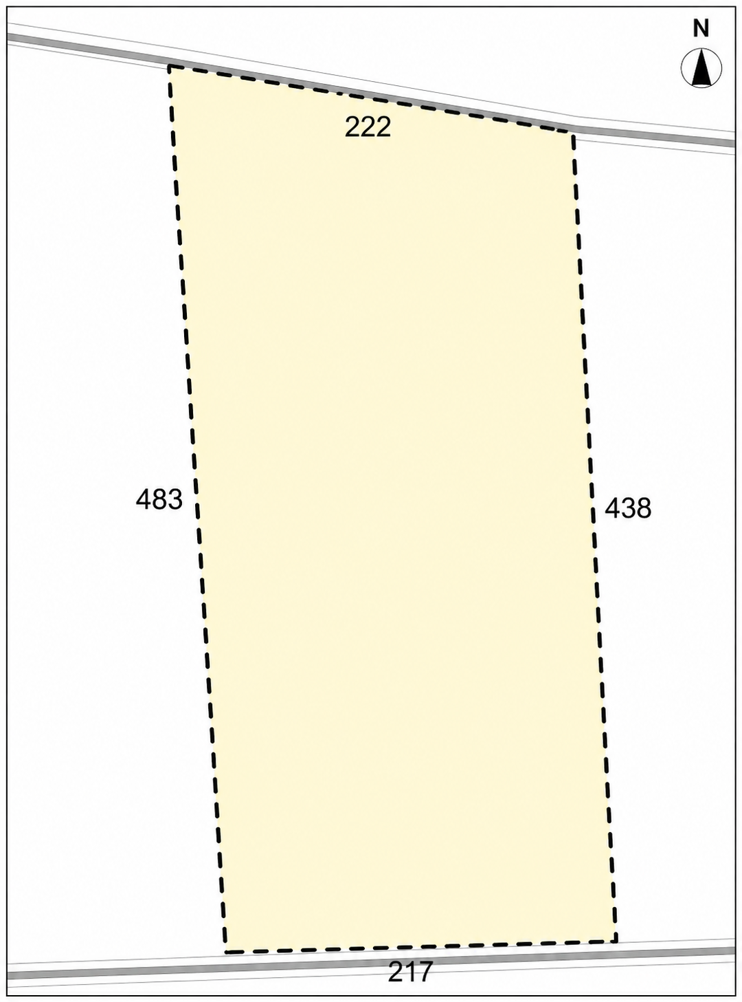 Bihari Land plot — trapezoidal, ~222 × 483 × 217 × 438 m, two public road frontages